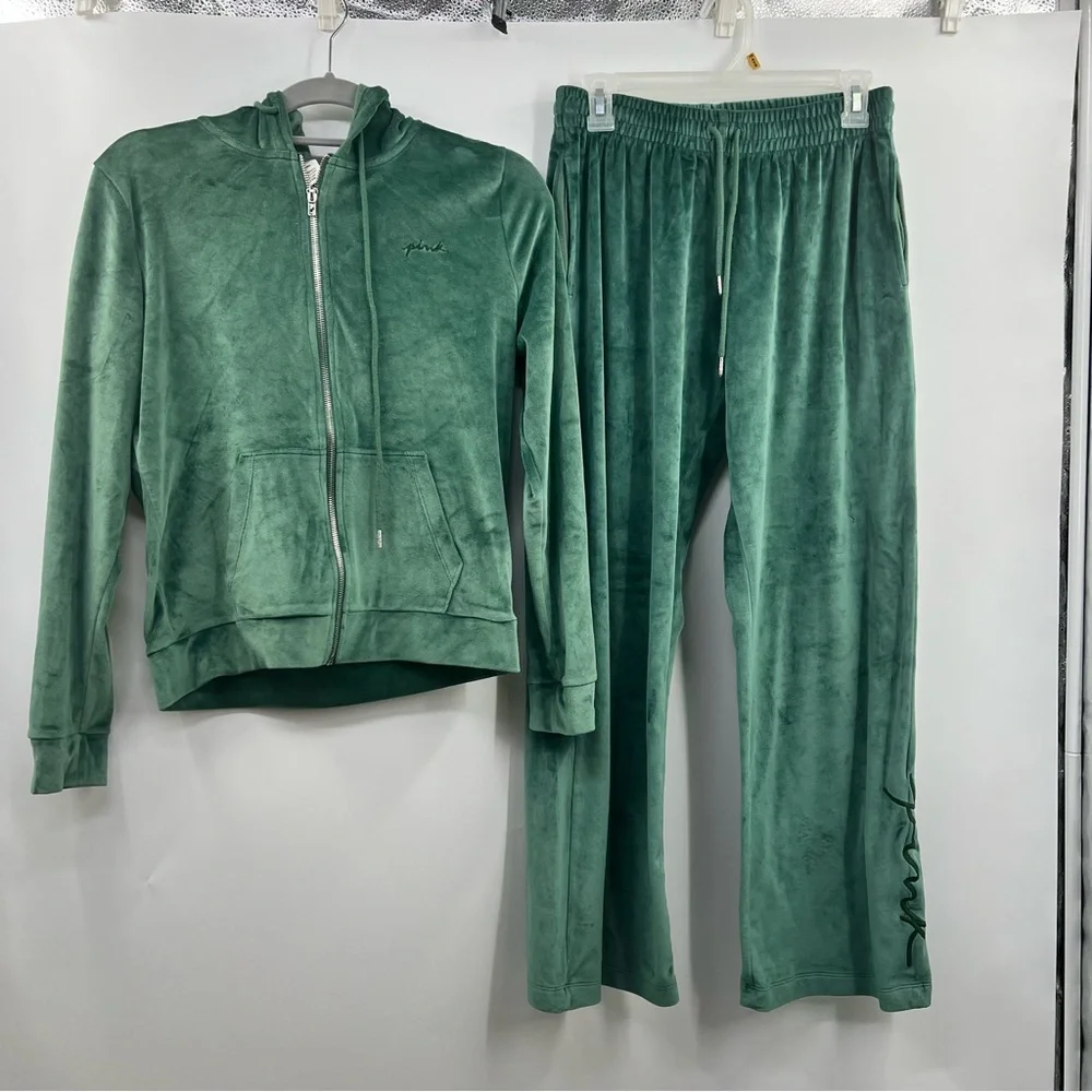 PINK Victoria’s Secret Velour Tracksuit Set Green Hoodie Pants Small Y2K